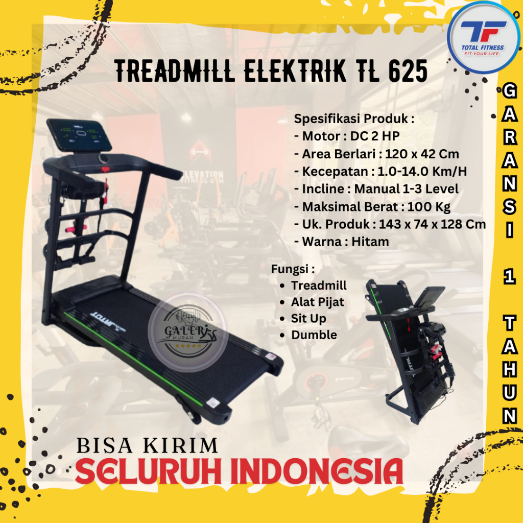 Alat Fitness, treadmill elektrik TL 625, alat olahraga treadmill, gym