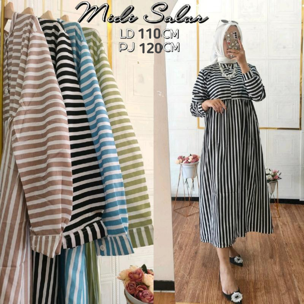 Baju Gamis Wanita Muslim Syari Midi Dress Busui Motif Salur Bahan Katun Rayon