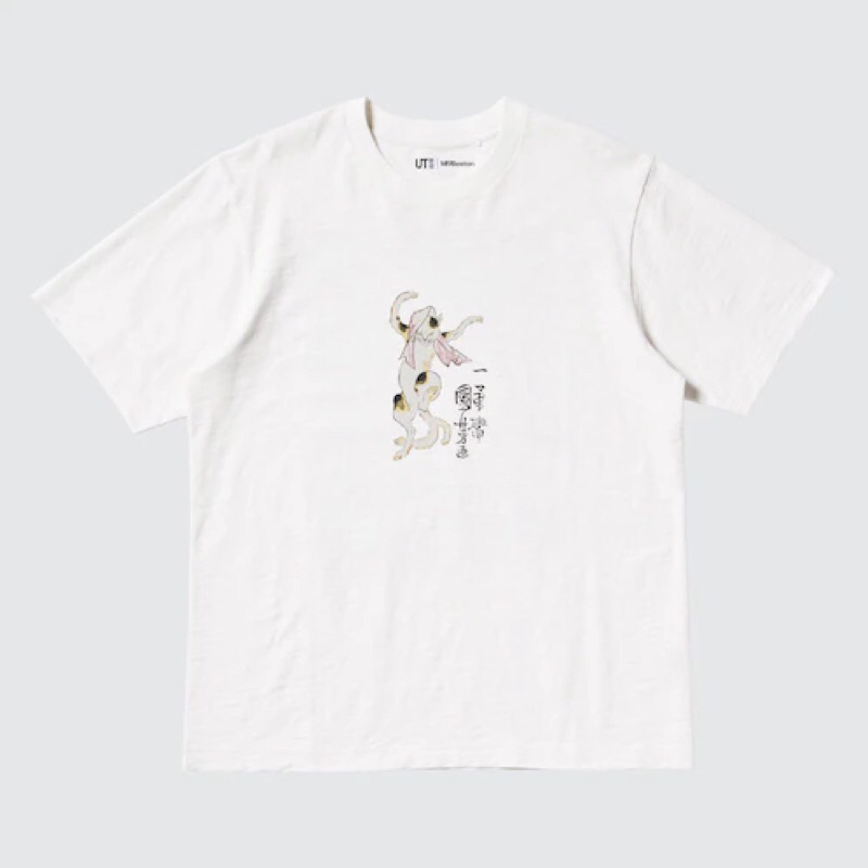 UNIQLO Men UT T-Shirt Kaos Pria Grafis Ukiyo-E Lengan Pendek Off White