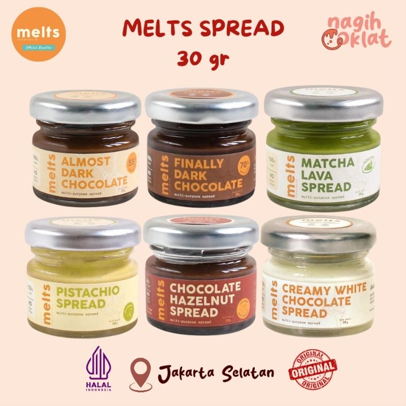 

MELTS Spread Mini 30 gr Travel Size Almost - Finally Dark Choco - Hazelnut - Matcha - Pistachio - Creamy White | Selai Rasa Cokelat Untuk Sarapan Roti Bahan Olesan Kue Pastry Gluten Free Plant Based Vegan - @nagihcoklat