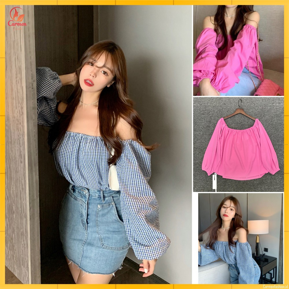 Blouse Sabrina Crop Lengan Panjang Model Balon Style / Baju Atasan Wanita Motif Kotak Top Off Should