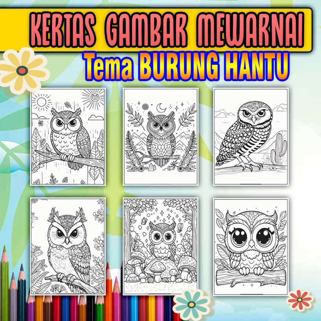 

Kertas Mewarnai Anak paud, sd, smp, sma maupun dewasa kertas tebal ukuran A4 tema HEWAN BURUNG HANTU