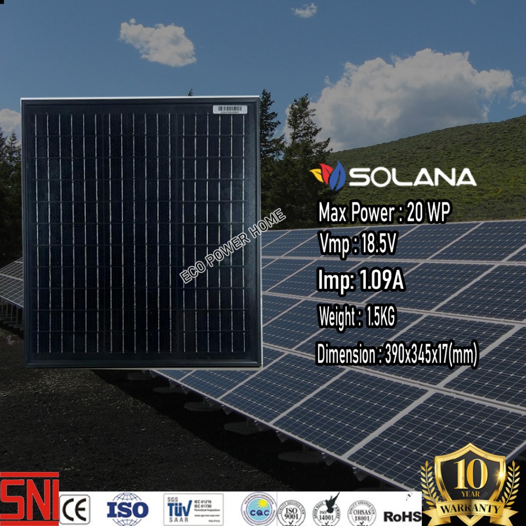SOLANA 20WP BLACK MONO 12V PANEL SURYA / SOLAR CELL MONOCRYSTALLINE 12 V 20 WP HITAM - GARANSI 10 TA