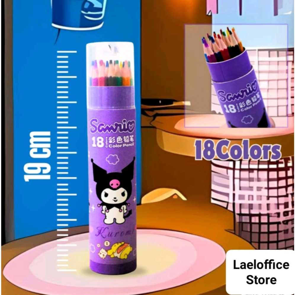 

Pensil Warna Tabung Isi 18warna Karakter Sanrio/ Coloring Pencils Tube/ Pensil Anak 18Warna Motif Kuromi Cinnamorol H Kitty + Rautan Pensil