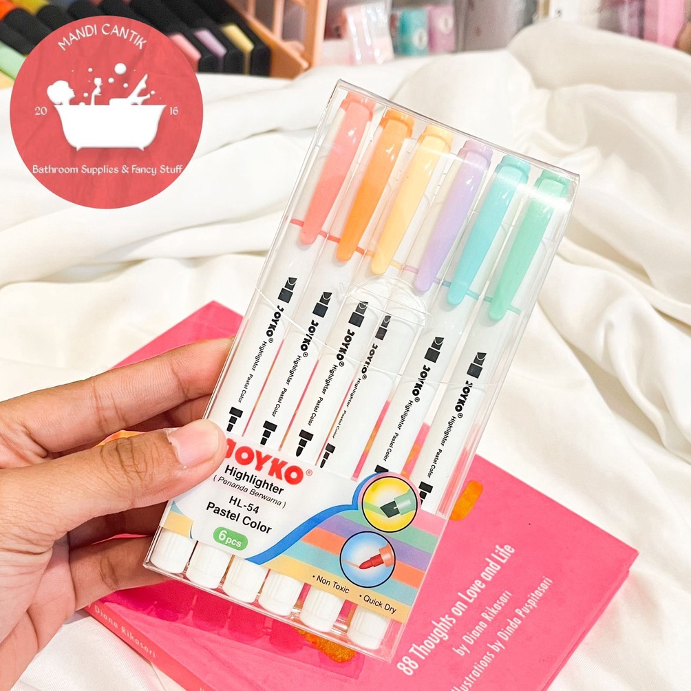 

KODE F3H Joyko Highlighter Pastel set isi 6 pcs HL54 warna warni colorful tosca baby blue pink yellow orange peach penanda tulisan Spidol