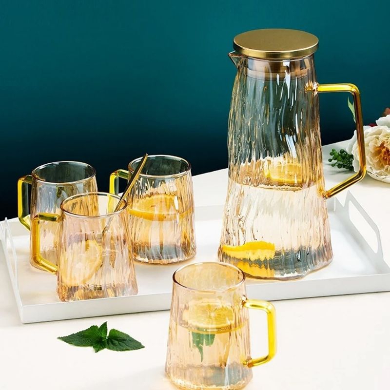 Teko Pitcher Jug Kaca 1.8 Liter Dengan 4pcs Gelas Minum Tahan Panas Api / Set Teko Kaca Borosilicate