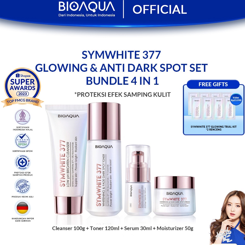 BIOAQUA SymWhite 377 Whitening  Fade Dark Spot Paket Skincare Set With Flek Hitam Serum Wajah Glowin