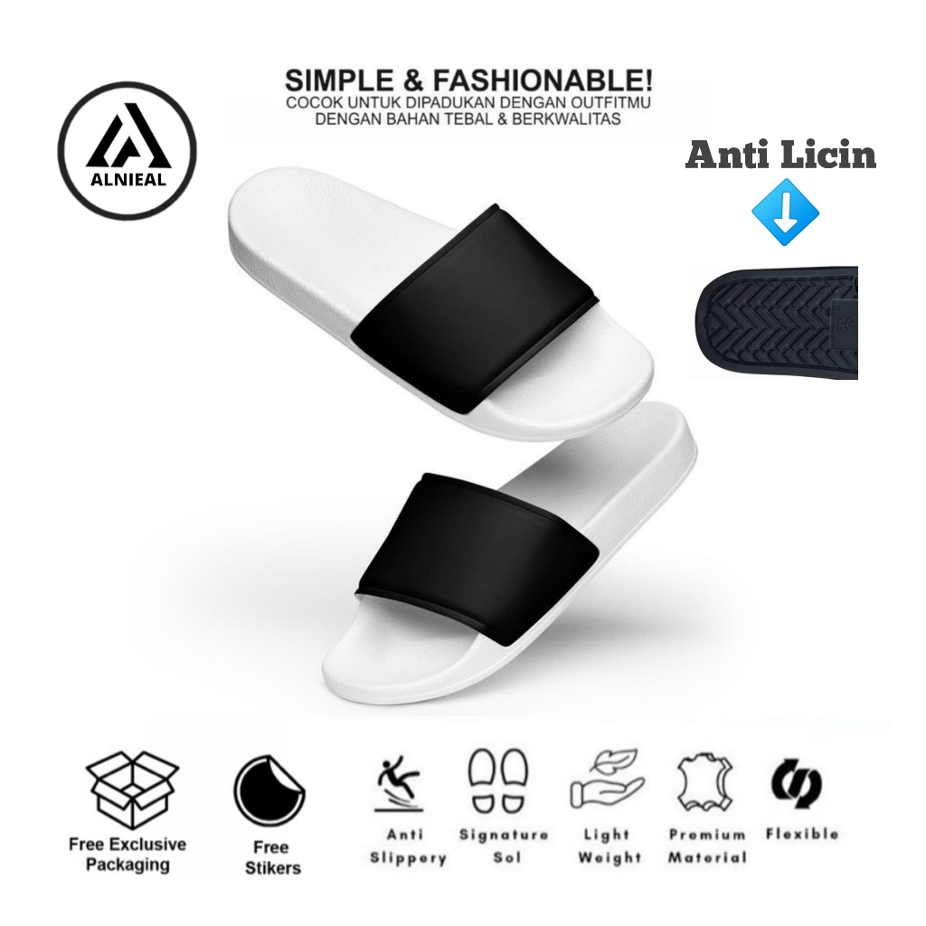 Alnieal - Sandal Slop Polos Karet hitam Putih - Selop Karet Pria Wanita
