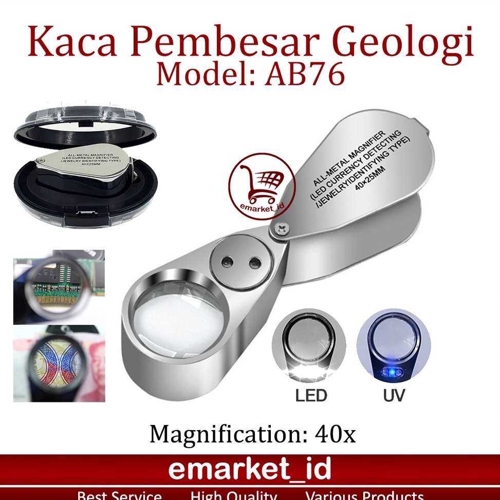 

KODE R12C Kaca Pembesar Geologi LED UV 4x AB76 Perhiasan Batuan Lup Lensa Lampu Lipat Loupe Illuminated