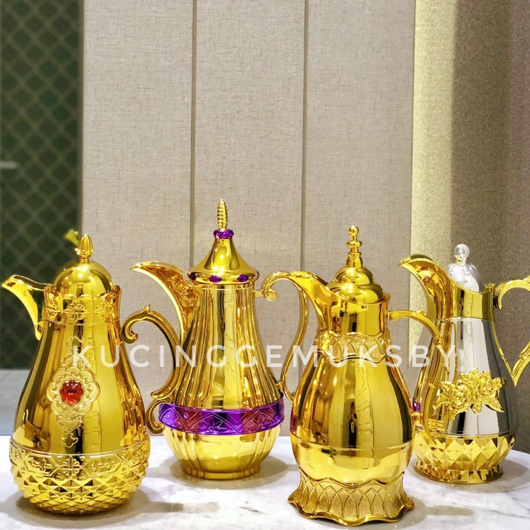 New Stock Teko haji Gelas zam zam Nampan kuning emas Umroh stainless model Arab lepek piring toples 