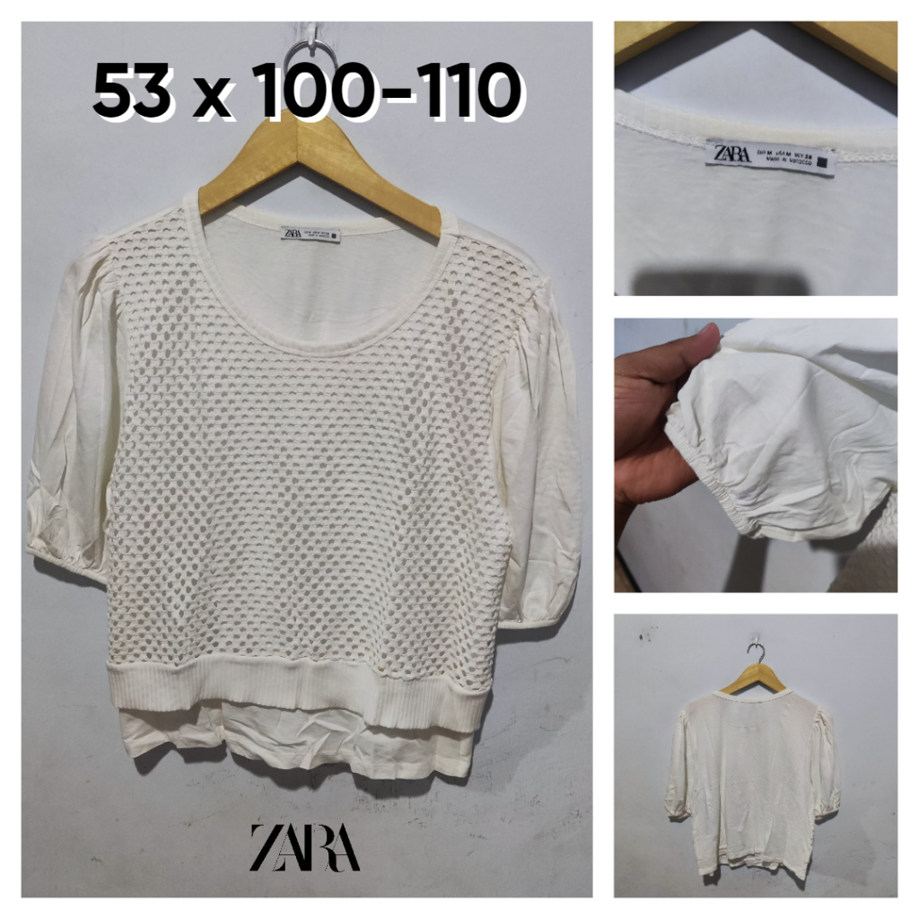 Atasan Zara Putih Broken White BW Size M Wanita Mix Jaring Cewek Outer Lengan Pendek BC942