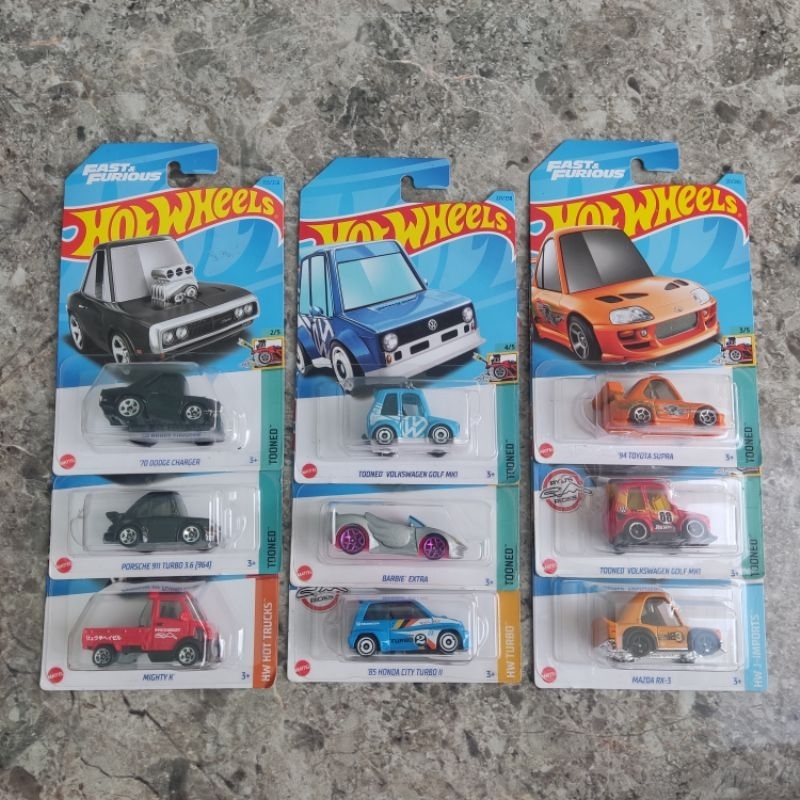 Hot Wheels Tooned Series, Toyota Supra, Dodge Charger, VW Golf - HW TOONED