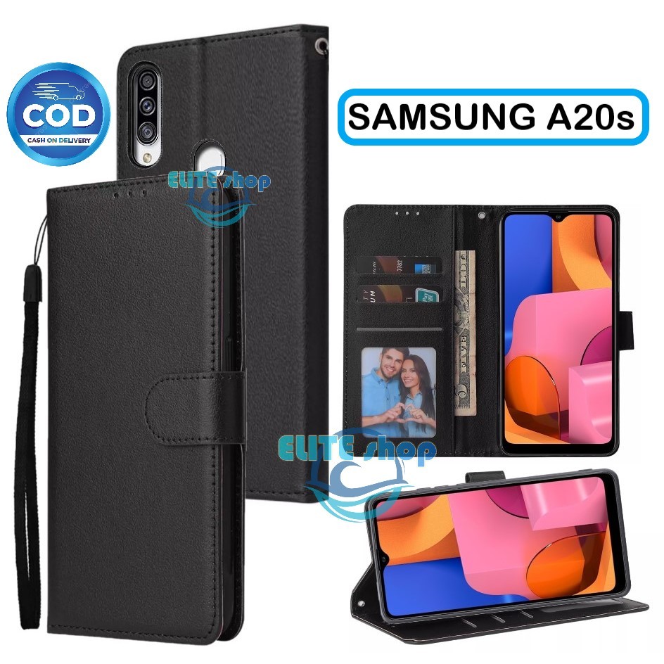 Casing SAMSUNG A20S model flip buka tutup case kulit ada tempat foto dan kartu juga tali hp flip cov