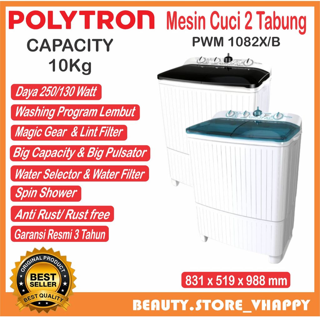 Mesin Cuci 2 Tabung Polytron Primadona Samba 10 Kg PWM 1082X/B Khusus Bandung dan Luar Bandung