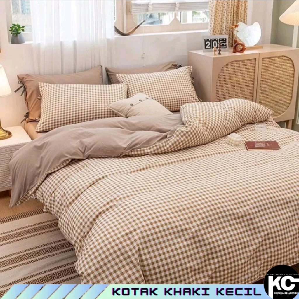 BEDCOVER SET/Bedcover+Seprai Set Motif Kombinasi Kotak-Kotak Kecil Khaki Korean Aesthetic Semua Ukur