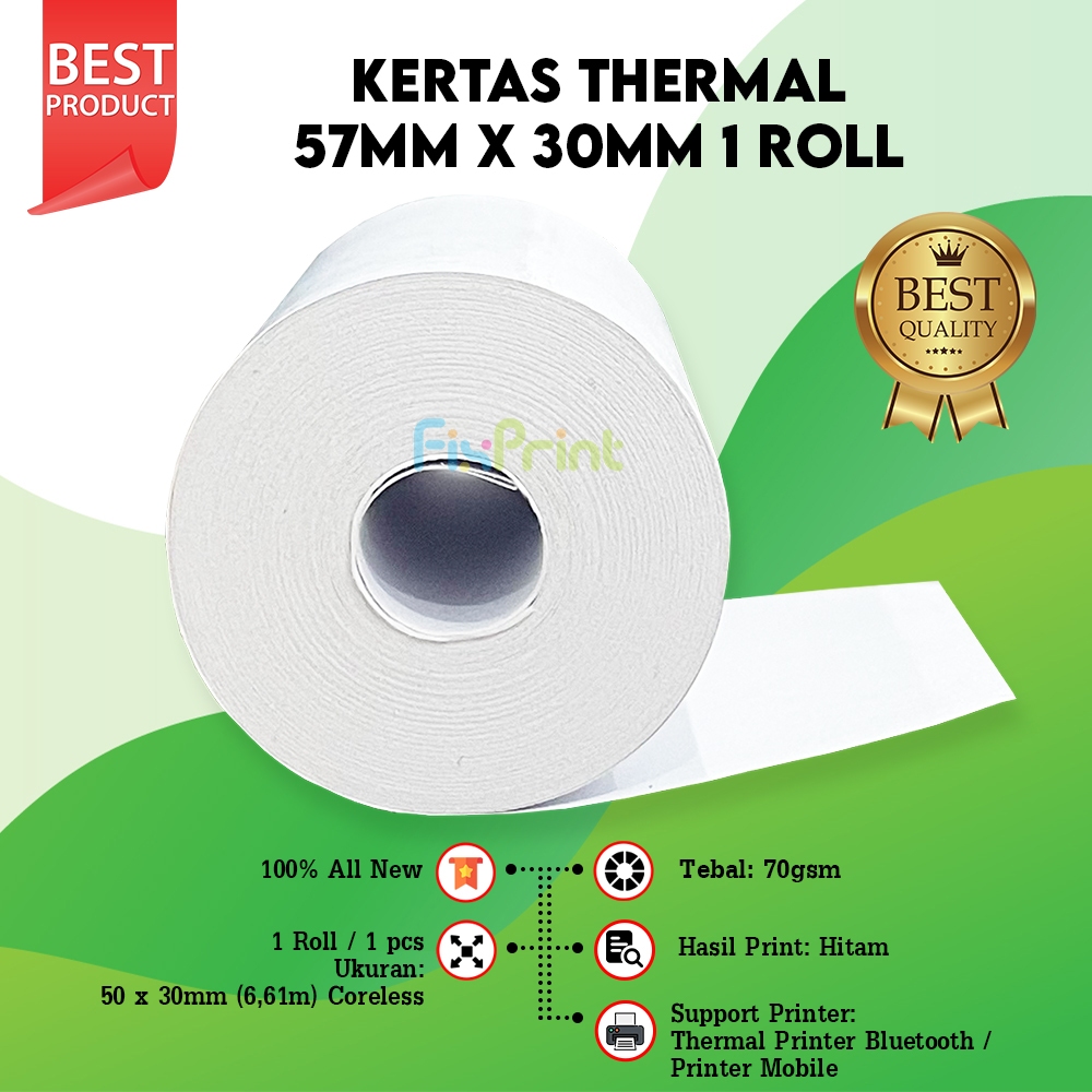 

Kertas Thermal Print Struk Kasir Ukuran 57mm x 30mm / 57x30 / 58 x 30 / 58x30 mm Polos