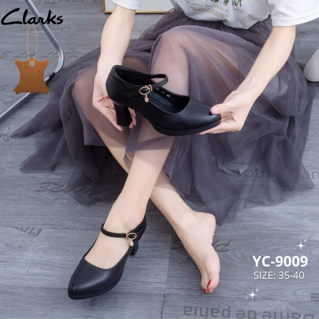 Sepatu Clarks YC9009 Leather Pump Heel 7cm / sepatu kerja kantor wanita kulit asli hak chunky