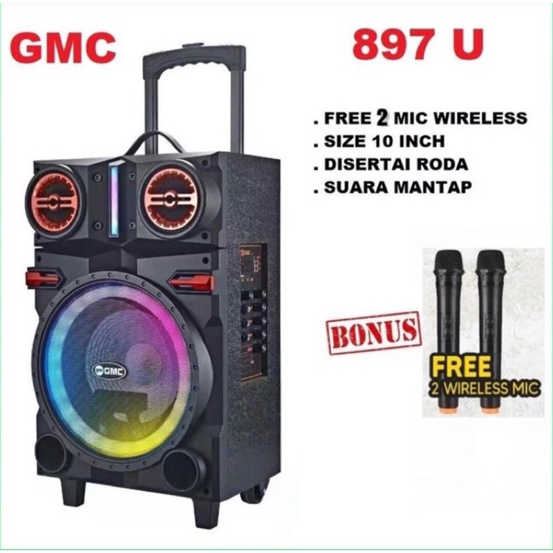 Speaker Portable Bluetooth Karaoke GMC 897U 897 U 10inch Free 2 MIC