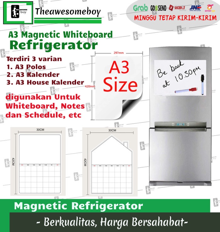 

Potongan 4 Produk Magnetic Whiteboard for Refrigerator Magnet Kulkas Plus Magnetic Pen A3 Size