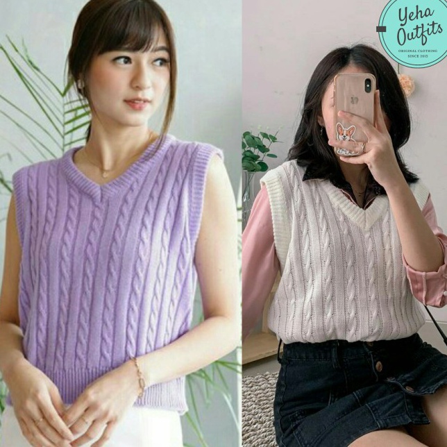 Cable Vest Wanita Rajut Murah  Baju Rompi Tanpa Lengan Muslim Korea  Navy