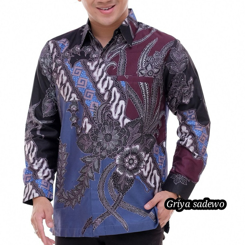 Baju Kemeja Batik Pria Dewasa Lengan Panjang Tulis Kombinasi Satin Premium Motif Aji