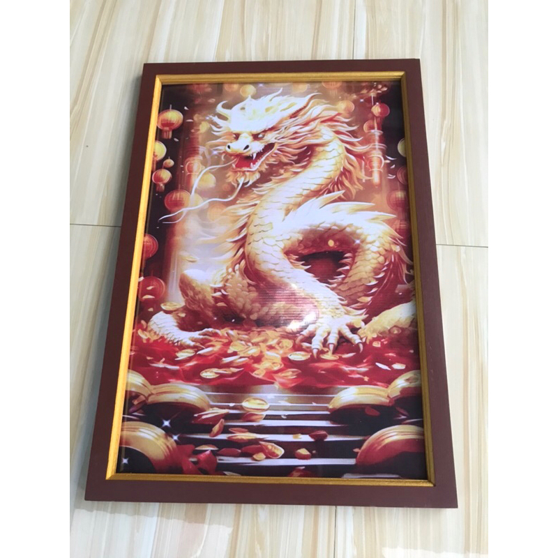 hiasan dinding lukisan cetak naga api emas plus bingkai
