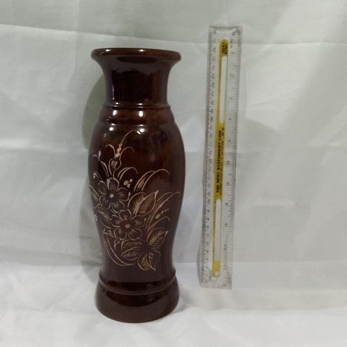 Pot / Vas Bunga Bahan Kayu Jati Model Guci Warna Natural Gloss Motif Ukiran Dijual Bijian