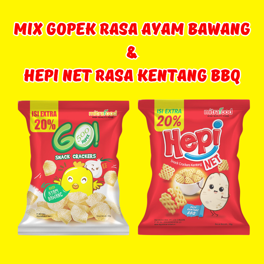 

Snack Gopek Ayam Bawang Mix Hepi Net Kentang Bbq 10 gram | 2 Renceng (20 pcs)