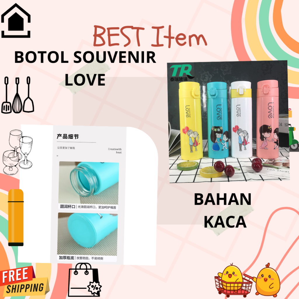 GOS Botol Kaca Kancing Love is Blind Pure Baru New Botol Minum My Bottle Tumbler Glass Termos Kaca A