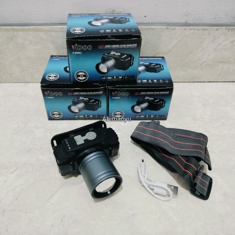 senter kepala vippo v-8899c LED LASER CANNON zoom in out cahaya putih 3 mode cahaya tahan 24 jam 002