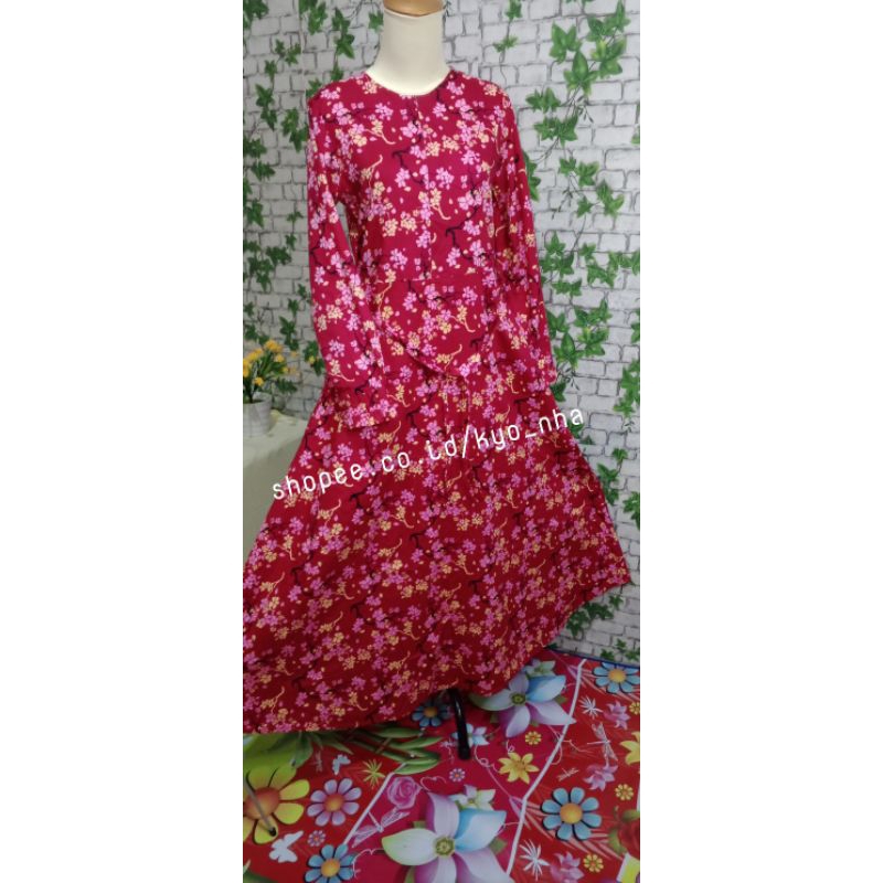 Gamis Merah Motif Sakura/Gamis Katun Jepang/Dress Bunga