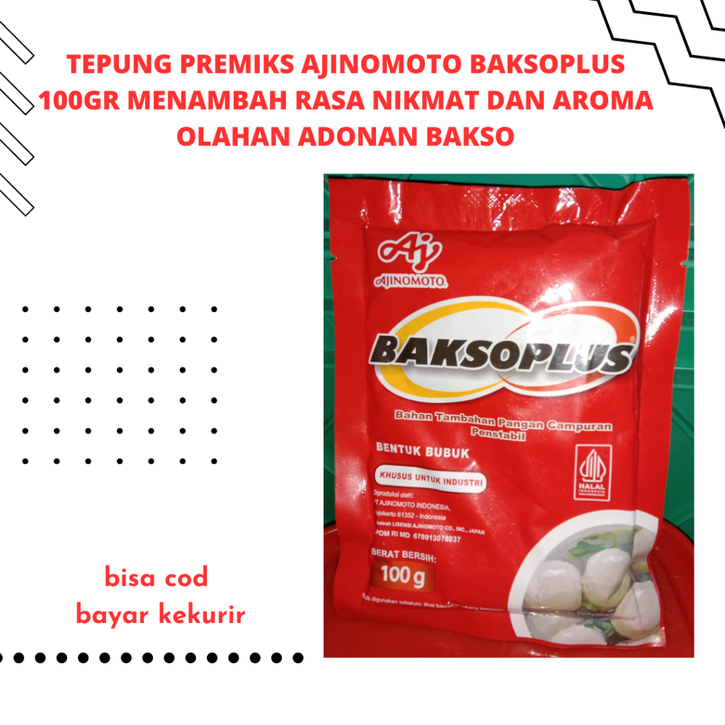 

Tepung premiks Ajinomoto Baksoplus 100gr menambah rasa nikmat dan aroma olahan adonan bakso