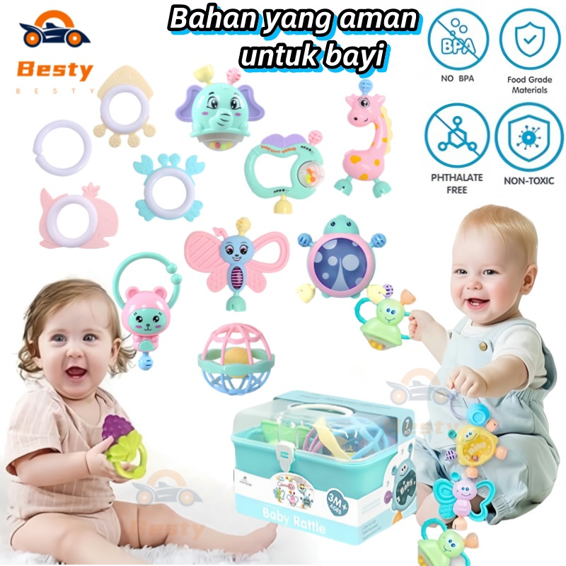Besty 12Pcs Mainan Lonceng Kerincingan Bayi Set Rattle Gigitan Bayi Baby Teether Mainan