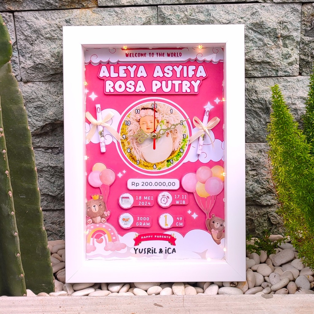 Biodata Bayi Newborn Kado Jam Bingkai Kaca 3D Foto Bayi Custom Frame Baby Bio Kado Lahir Bayi