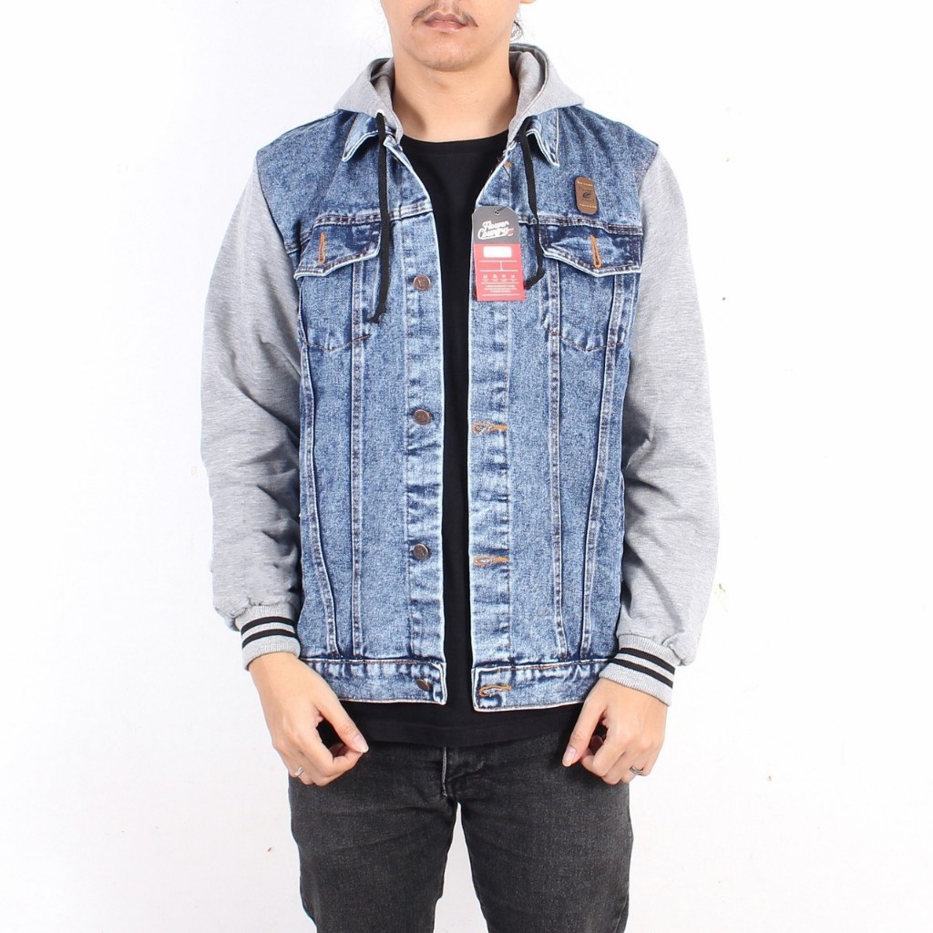 SIXTEEN - Jaket Jeans Denim Reglan Sandwash Jeans Boy Hoodie Kombinasi Fleece M L XL