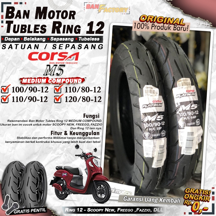 Ban Motor Scoopy Donat Corsa M5 Ring 12 Tubles Ban Motor Tubeless Scoopy Fazzio Freego Ring 12