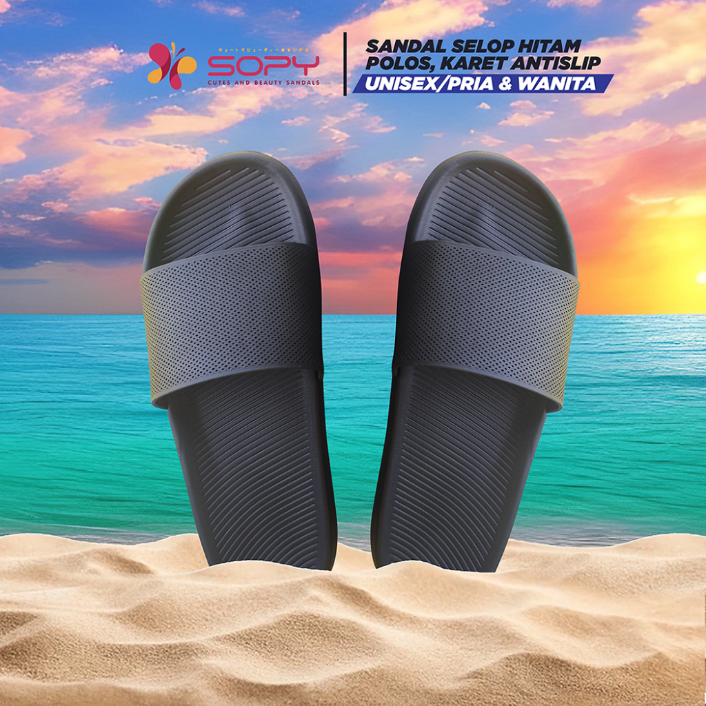 Sandal Selop Karet Pria Wanita Hitam Polos terbaru