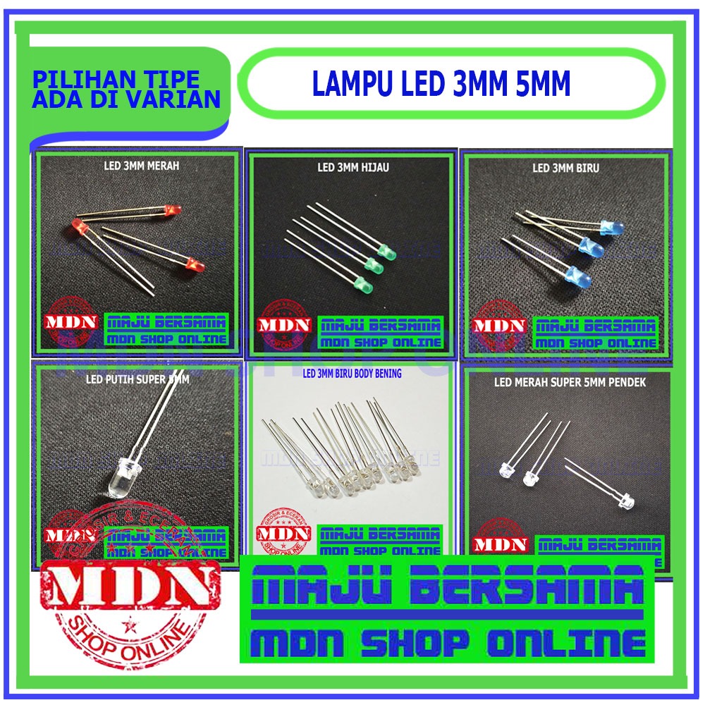 Lampu led 3mm 5mm merah biru hijau pendek panjang