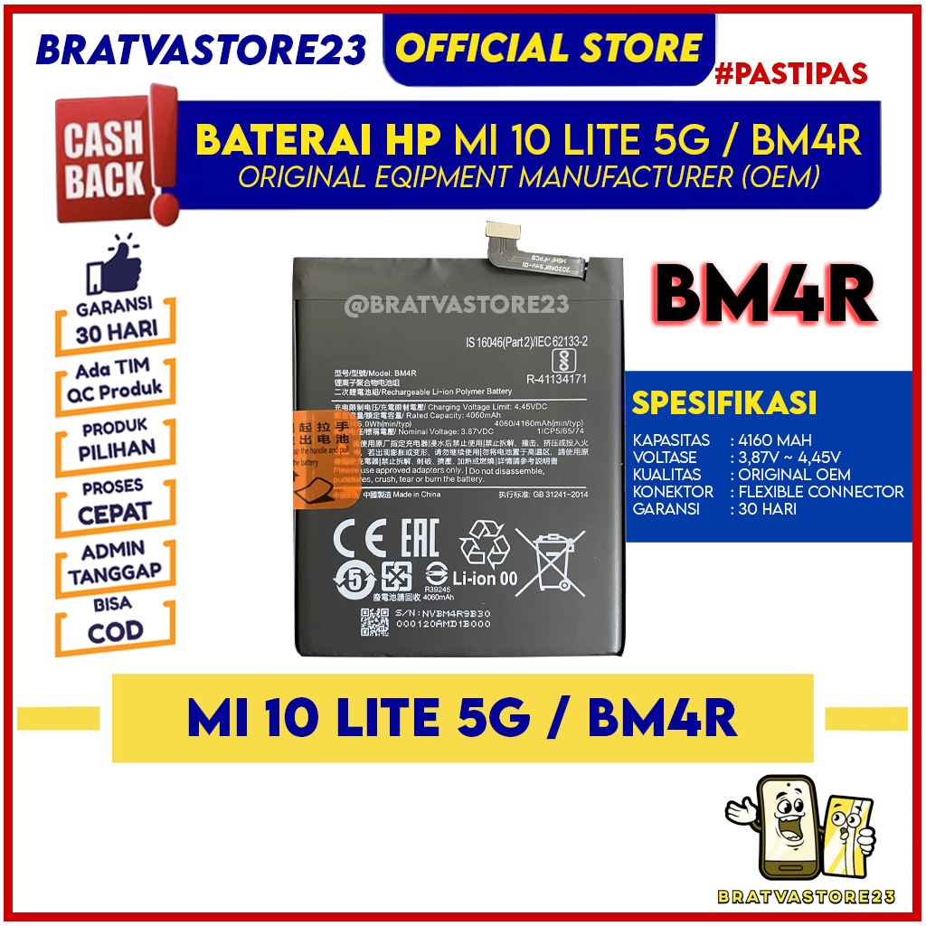 Baterai BM4R untuk handphone Mi 10 Lite 5G Batre Batrai Battery Hp Original
