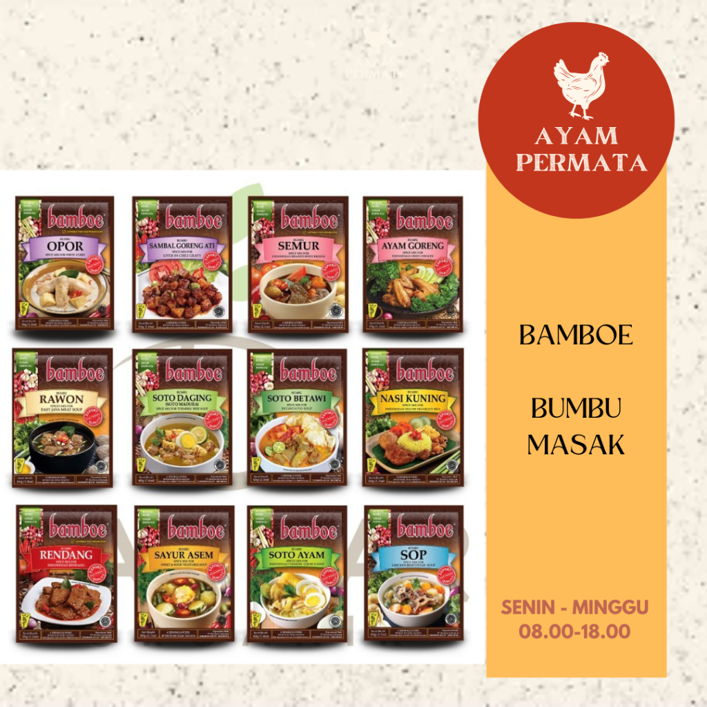 

BAMBOE Bumbu Masak Ayam Bakar Rujak Sambal Goreng Ati Rica Balado Kari Rawon Uduk Bakso Soto Betawi Lodeh Sayur Asen Gule Tongseng Opor Rendang Semur - Ayam Permata AyamPermata