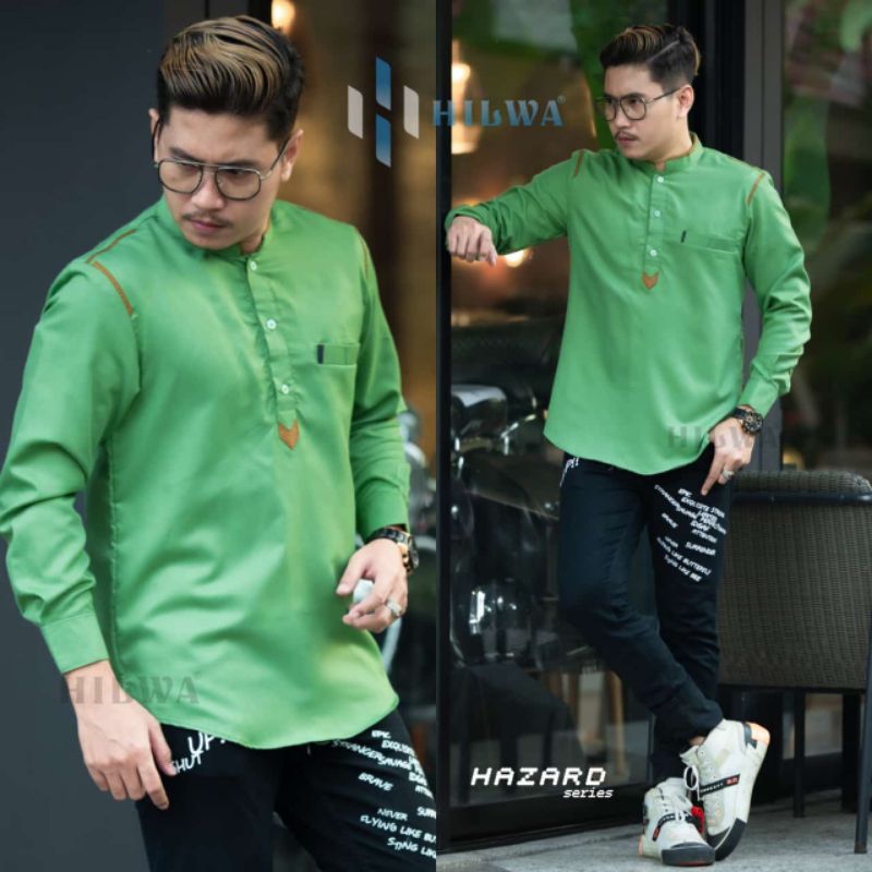 HIlwa Official Baju koko pria dewasa warna hijau apel lengan panjang original Hilwa Collection motif