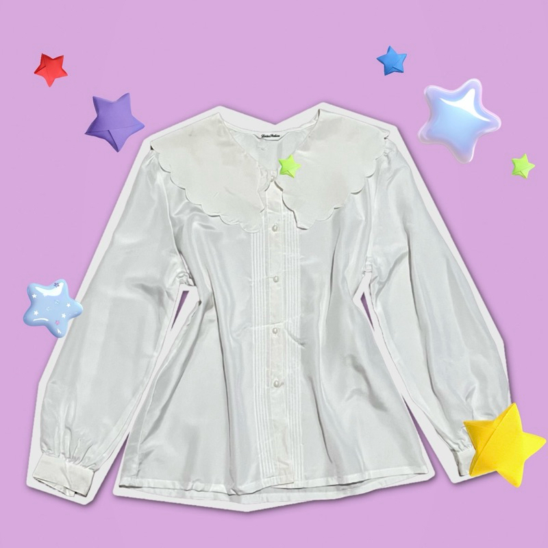 PRELOVED Sailor Blouse bahan silk lengan balon full kancing mutiara warna putih