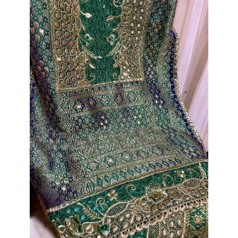 Songket Asli Palembang Benang Gold Full Bordir (Rok dan Selendang) - Hijau Botol