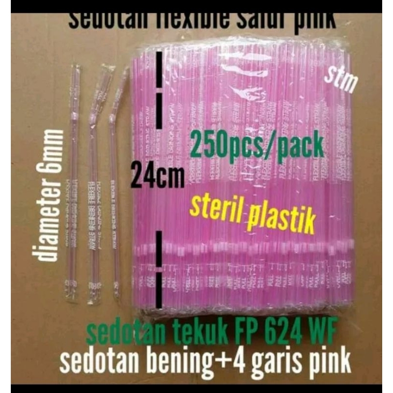 ISI:250PCS  Sedotan Steril Pink Bengkok 5mmx 24 cm Bungkus / Tekuk Plastik PINK