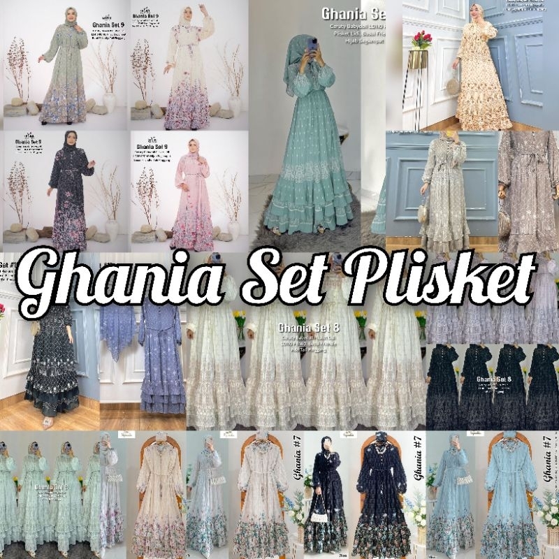 Ghania Set 9 - Gamis Ceruty Babydoll Plisket Lidi Motif Bunga dengan Hijab Segiempat