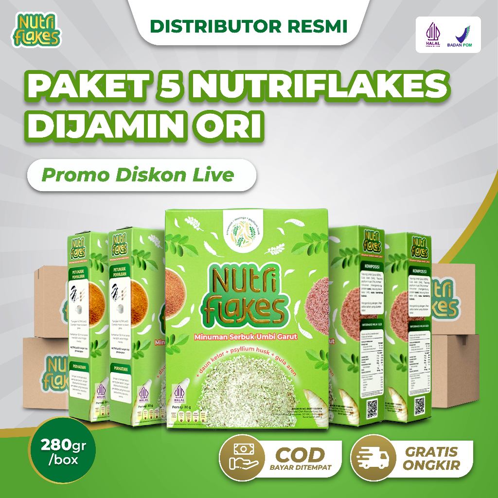 

5 Box NUTRIFLAKES Sereal Umbi Garut Minuman Serbuk Umbi Garut Sereal Sehat Atasi Asam Lambung Maag