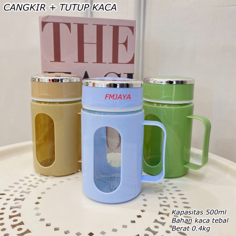 CANGKIR + TUTUP KACA || GELAS KACA + TUTUP 500ML ||  MUG KACA + TUTUP