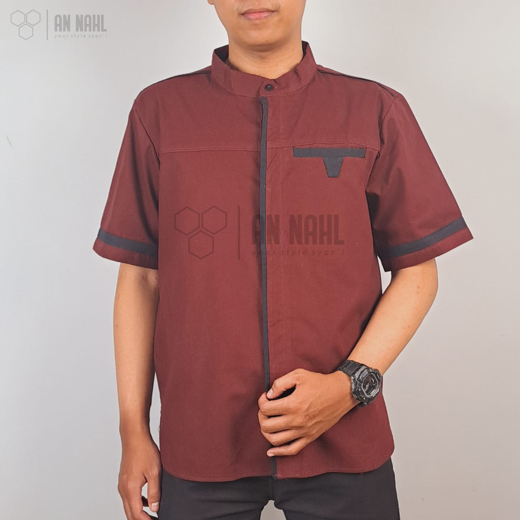 Koko Kurta Pria Lengan Pendek Baby kanvas Maroon Strip black