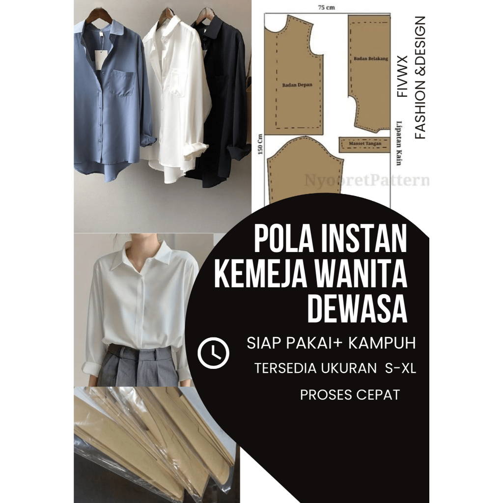 Pola Instan Jiplak Dasar Baju Kemeja Wanita Dewasa - Fivwx Pola Kemeja