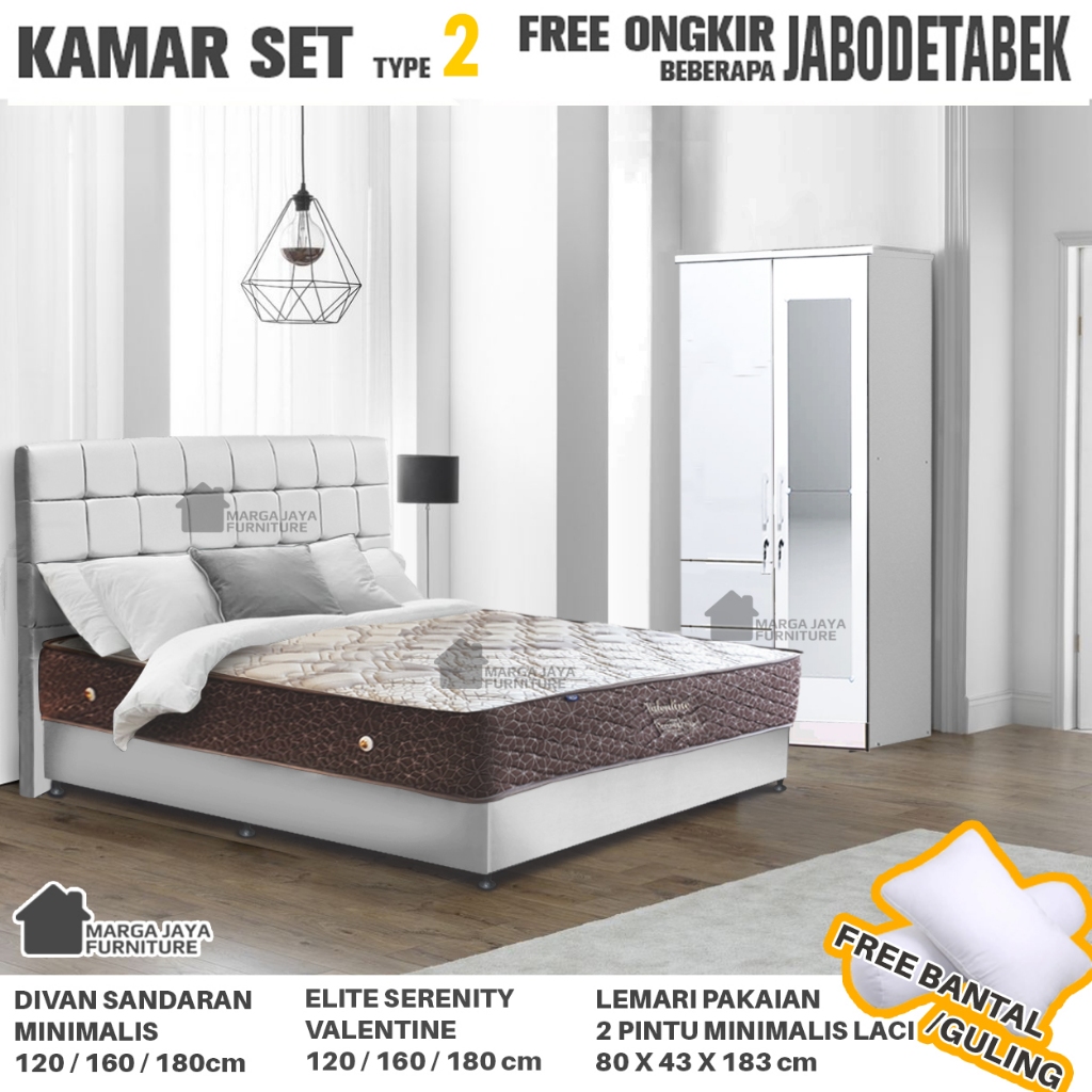 Kamar Set Springbed Elite Serenity Valentine + Divan Sandaran + Lemari 2 Pintu Minimalis Anak Interi